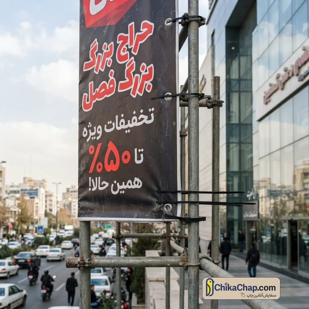 نصب بنر تبلیغاتی حراج فصلی روی داربست فلزی با بست کمربندی محکم